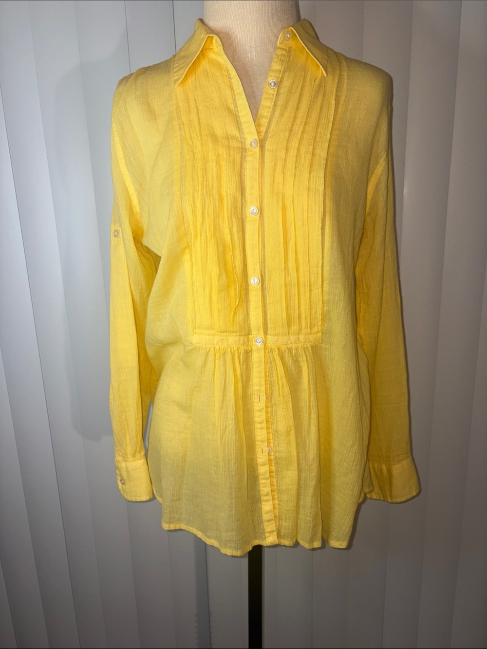 Lauren Ralph Lauren Yellow Pintuck Cotton Blouse Roll-Tab Tunic - Medium